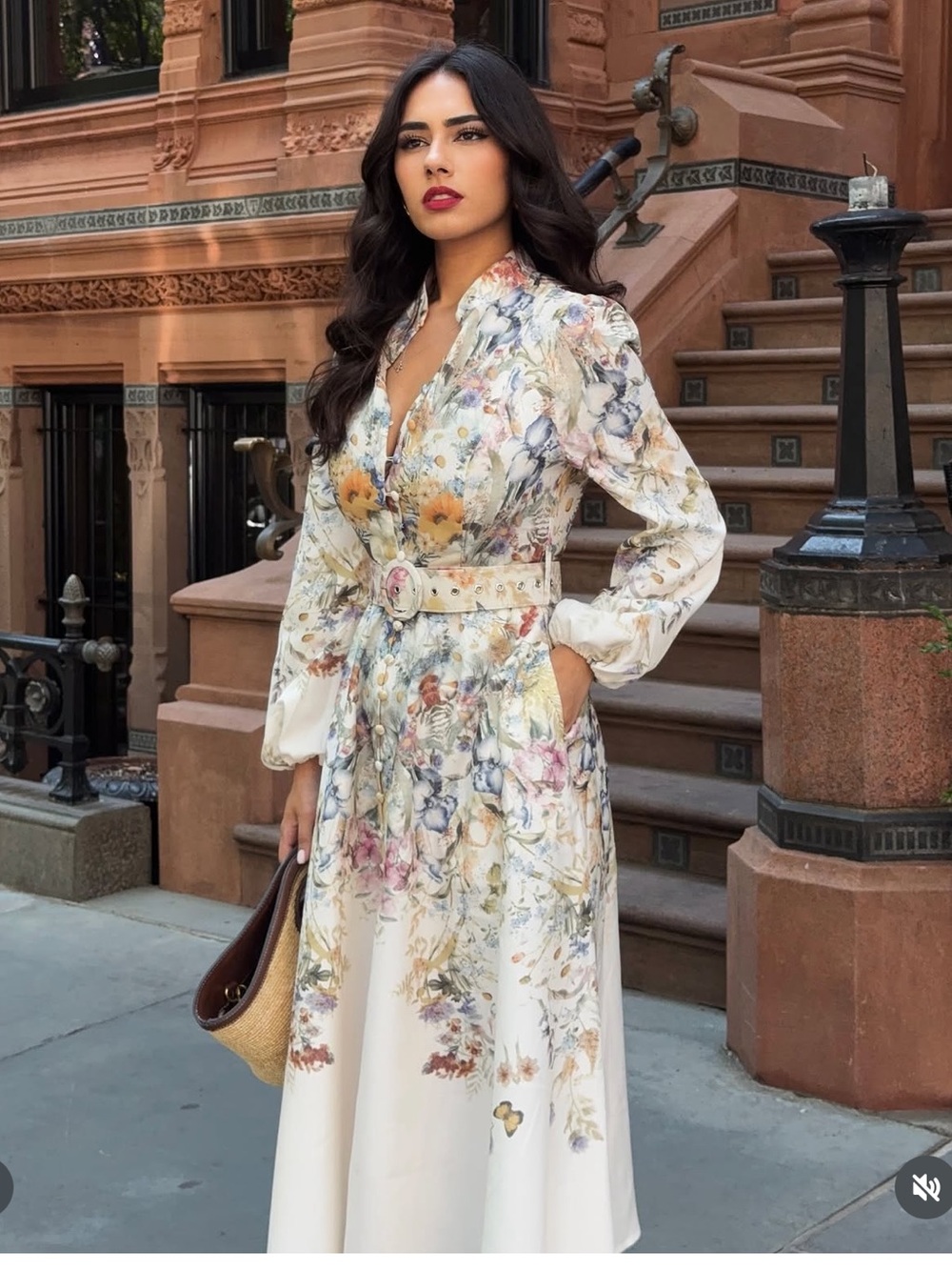 Commense Floral Belted Long Sleeve Midi Dress